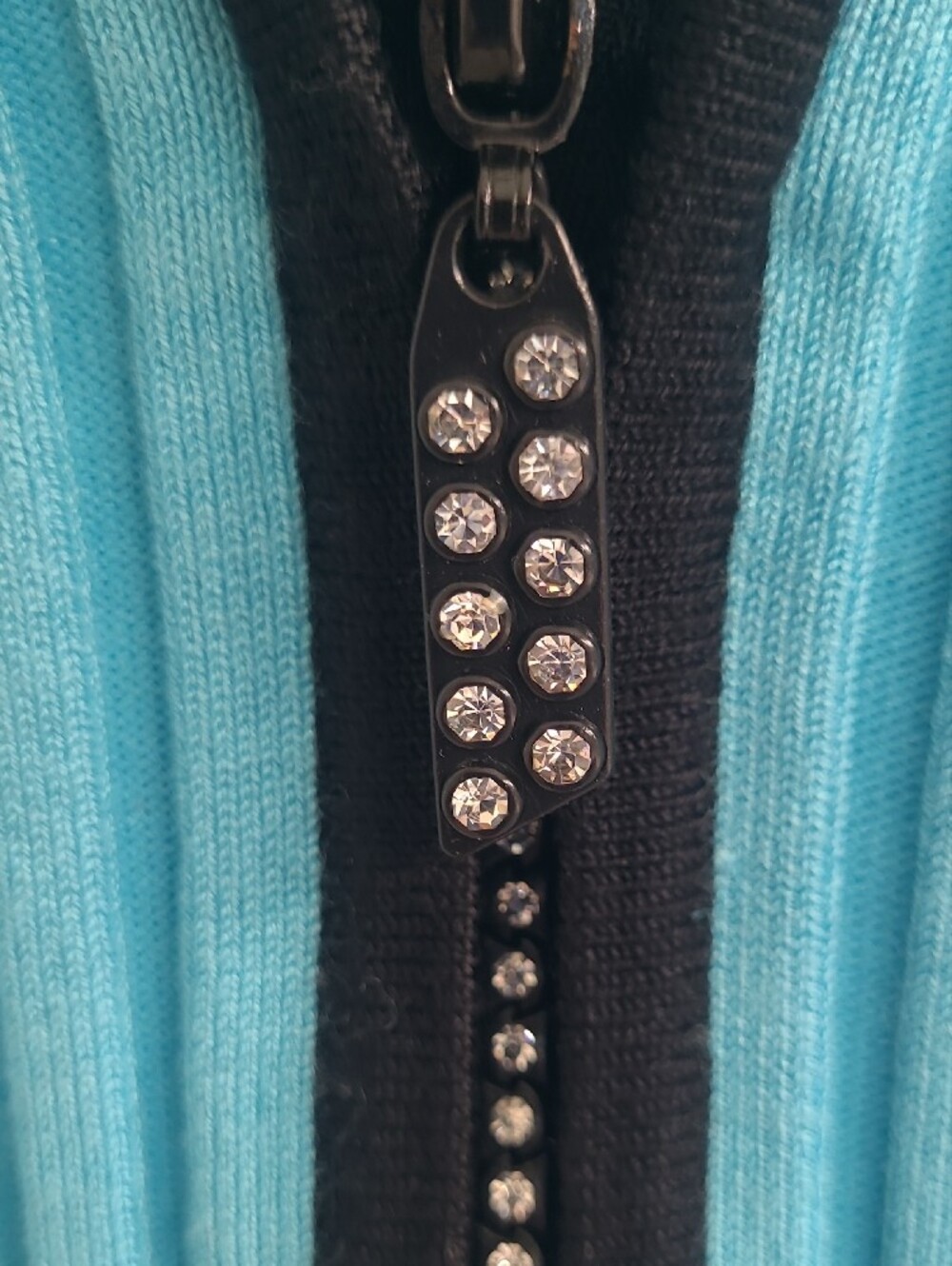 Belldini Ribbed Turquoise Knit Tank with Black Trim and Front Bling Zipper - Picture 3 of 7